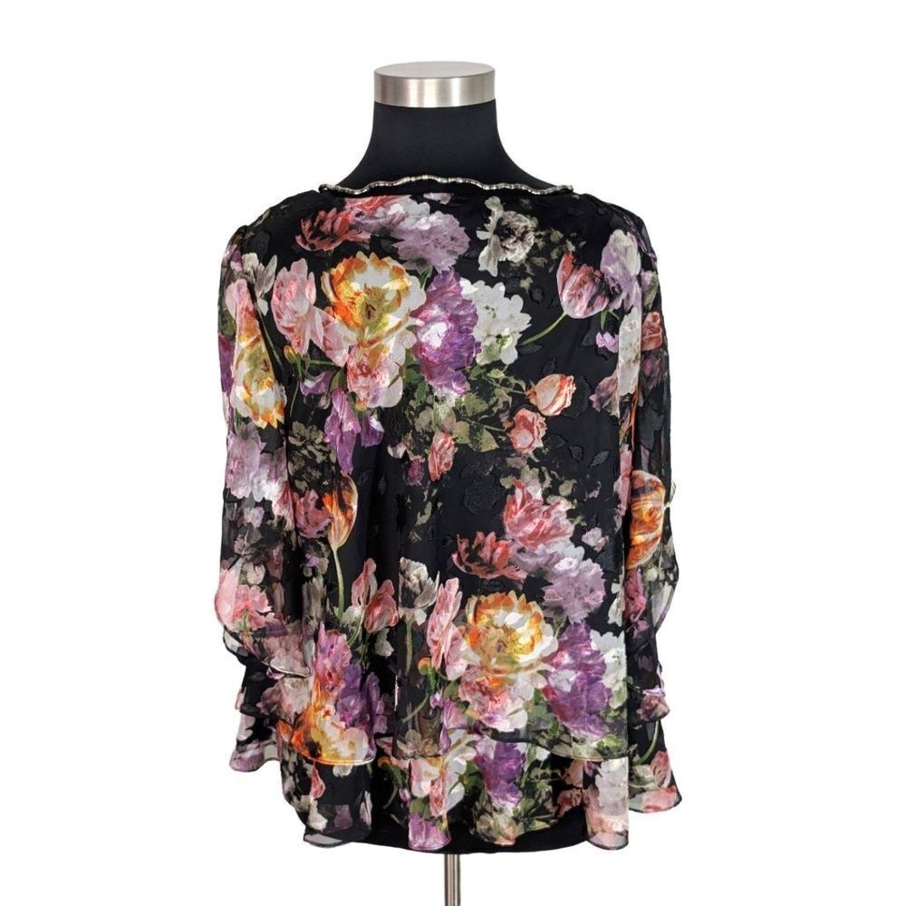 Alex Evenings 3X Black Purple Floral Top Short Sleeve Elegant Whimsy Fairy - Picture 4 of 6